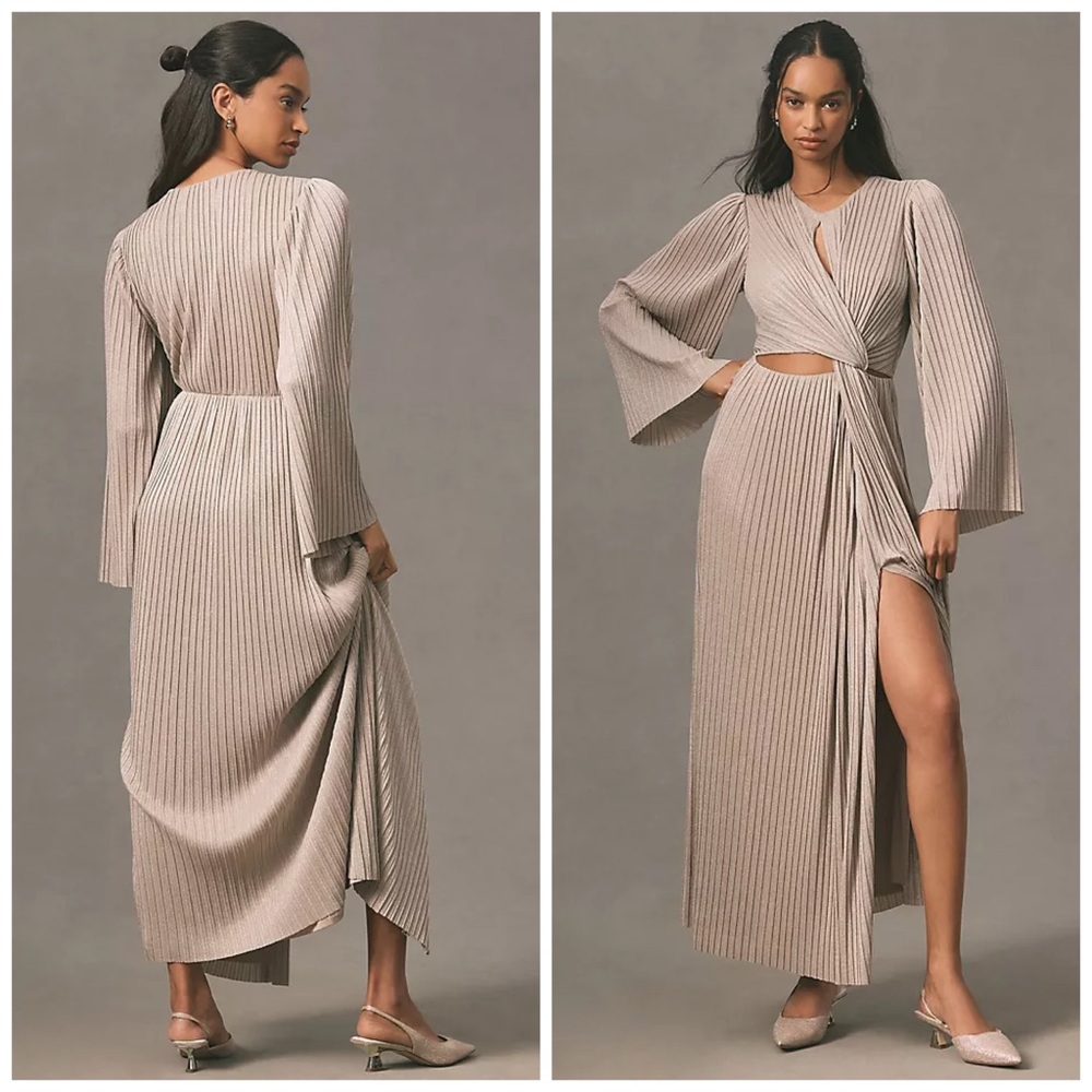 Significant Other Long Sleeve Cut Out Twist Maxi Dress Pleated Champagne Sz 10